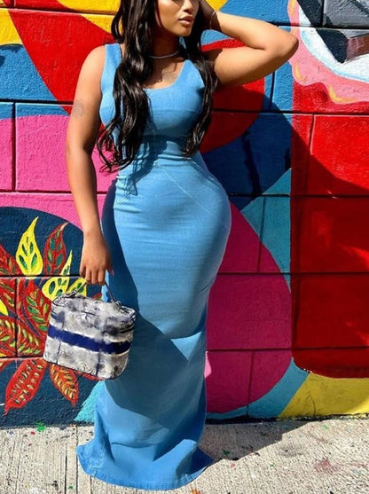 Blue Denim Maxi Dresses Women Spaghetti Strap Low Cut Backless Zipper Split Bodycon Dress Summer 2023 Harajuku Streetwear