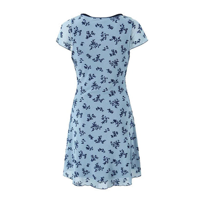 lovwvol Summer Dresses 2024 Women Light Blue Floral Print Mesh Dress Short Sleeve V Neck Female Bodycon Mini Robe