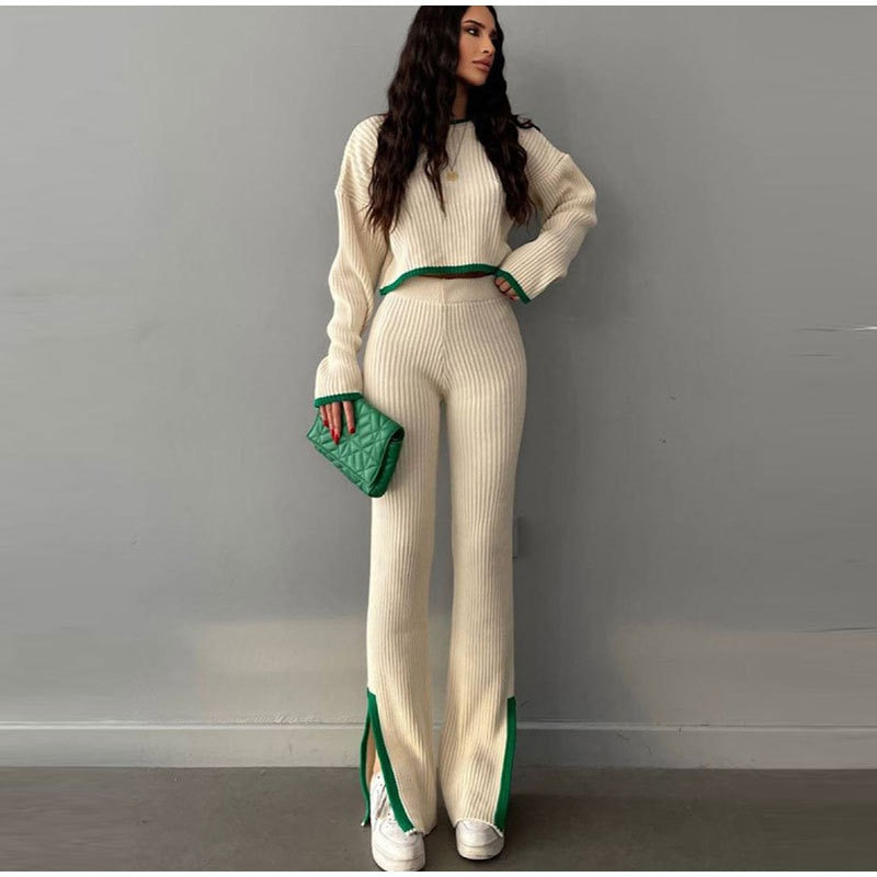 lovwvol lovwvol Two Piece Set Women Casual Panelled Side Split Trouser Suits Female 2023 Spring Crop Sweater High Waist Ladies Suits