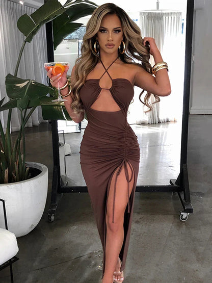 Hot Summer Sexy Halter Backless Sleeveless Cut Out Maxi Dress for Women Elegant Club Party Slit Dresses Vestido