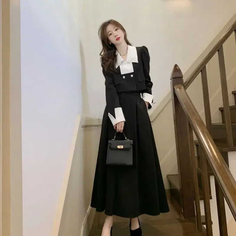 lovwvol Winter Elegant 2 Piece Skirts Set Women Slim Vintage Party Office Lady Korean Fashion Suits Y2k Crop Top + Midi Skirts Chic