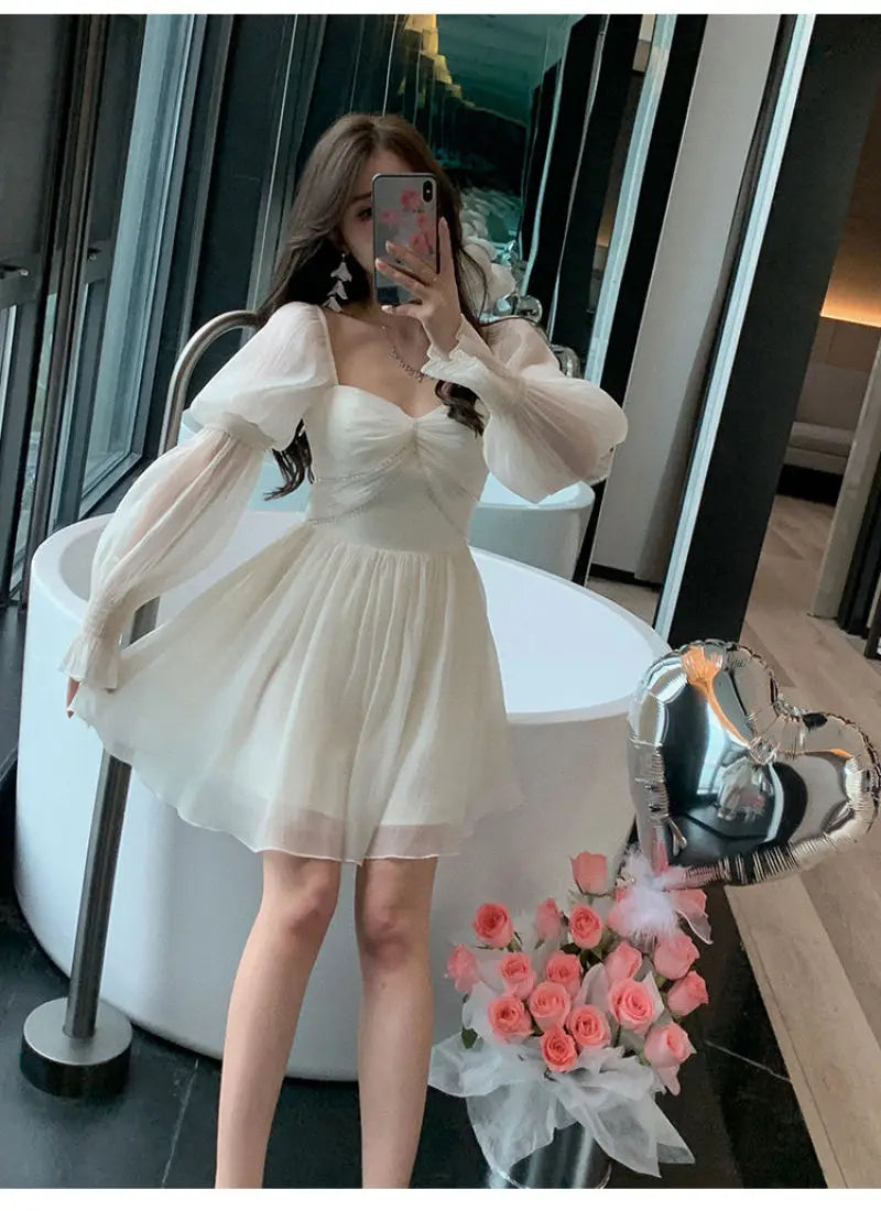 French Sweet Midi Dresses for Women Summer Elegant Party Long Sleeve Lady Slim Korean Fashion Causal Female Clothe