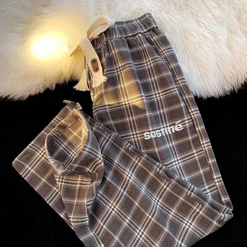 lovwvol New Spring and Autumn Fashion Trendy Brand Retro Plaid Wide Leg Straight Leg Pants Versatile Casual Loose and Fashionable Pants