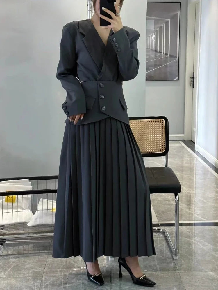 lovwvol   Fashion Designer Vintage 2 Piece Set Women Temperament Office Lady Long Sleeve Coat + Higt Waist Pleated Skirt Blazers Suit