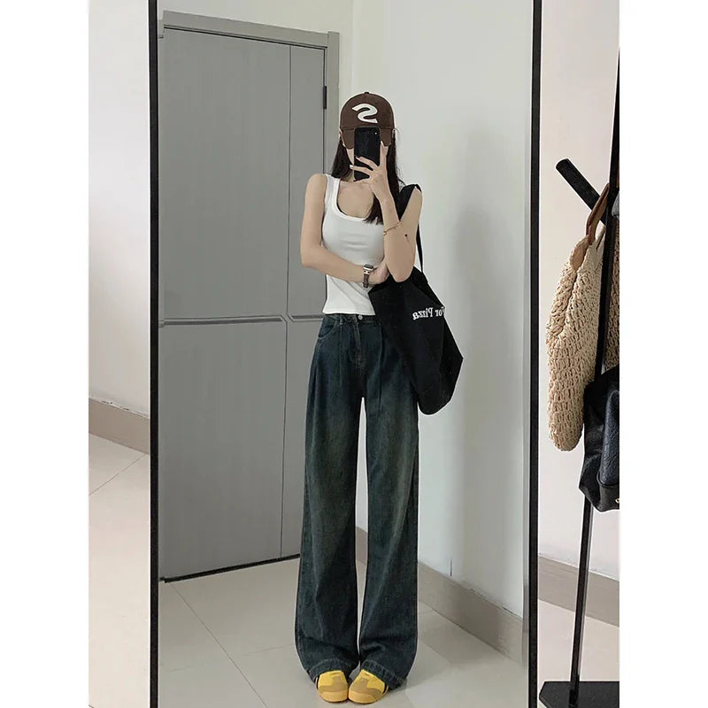 lovwvol - Harajuku Retro Women's High Waist Wide Leg Jeans Autumn Winter Thin Vintage Straight Leg Pants Fashionable Floor Mopping Jeans