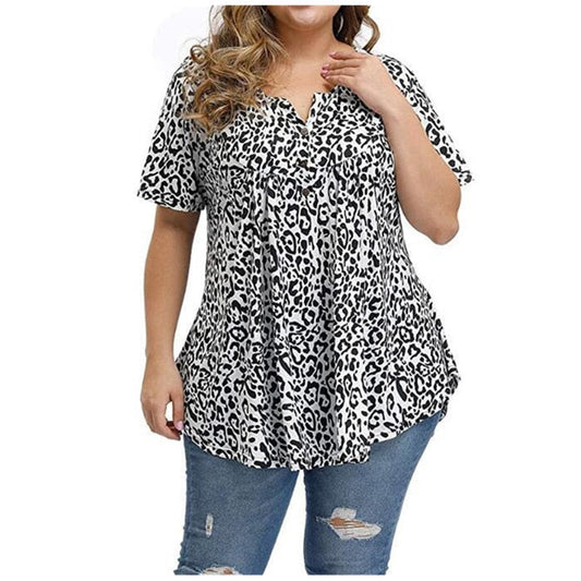 5XL Casual Summer T Shirt Women Boho V-Neck Print Floral Tshirt Plus Size Short Sleeve Leopard Tops Oversize Button Tee Top