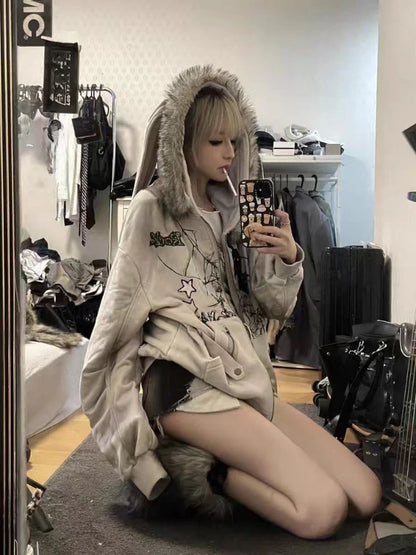 lovwvol  -  Vintage Harajuku Graffiti Star Gothic Jackets Patchwork Fur Grunge Y2k Kawaii Rabbit Ears Hoodies Casual Warm Loose Women Coats