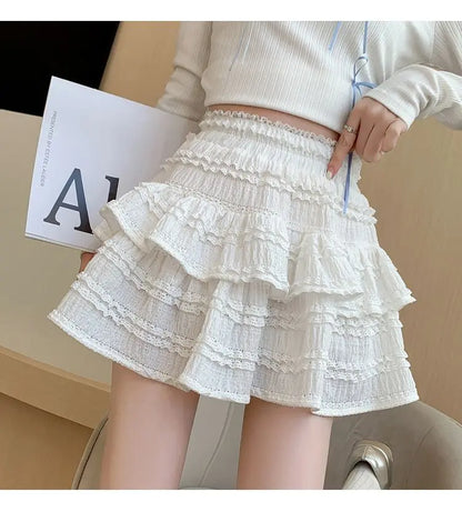 lovwvol Sweet Cute Lace Mini Skirt Women Kawaii White Ruffles Pleated Skirts Summer Korean High Waist Black Casual A Line Skirt