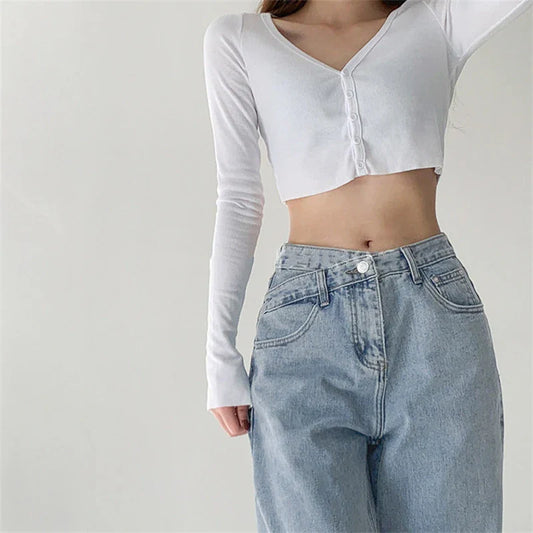 lovwvol Women's Crossover Design Thin Jeans Summer Girl Pants Vintage Street Style Bottoms Female High Waisted Baggy Denim Trousers