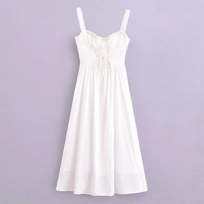 lovwvol Sexy Elegant Women Front Bandage Spaghetti Strap White Dress Summer Ladies A-line Midi Holiday Robe