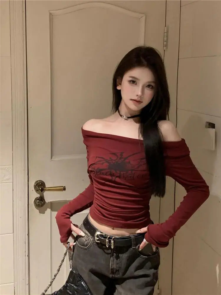 lovwvol  -  Gothic Print Grunge T Shirt Women Long Sleeve Off Shoulder Y2k Vintage Tops Streetwear Korean Style Crop Tops Autumn