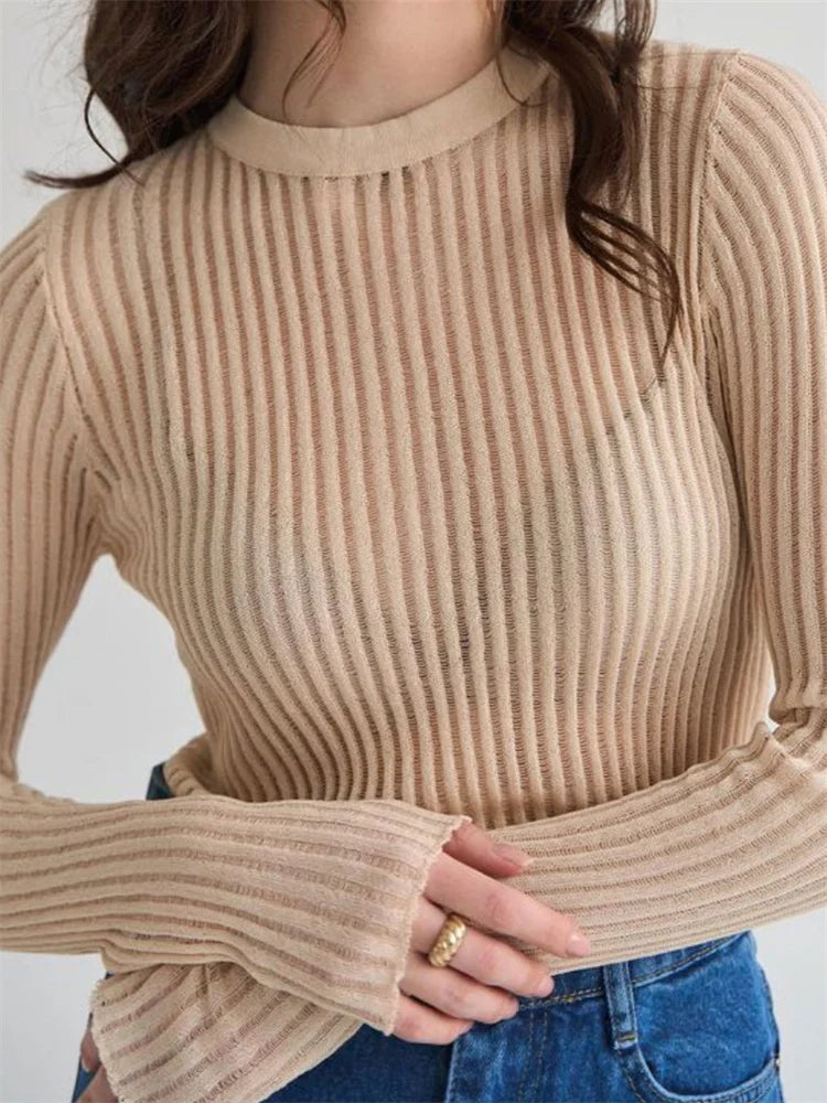 lovwvol Ribbed See-Through Knit Pullover Female Hollow Out Slim Solid Long Sleeve Top Sheer Casual Knitwear Ladies Pullover Summer