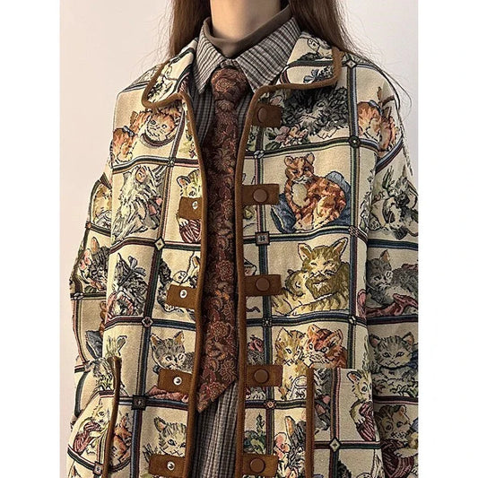 Fashion Vintage Jackets Cartoon Print Single Breasted Turn Down Collar Design Coats Y2k Preppy Style All Match Women's Clothing