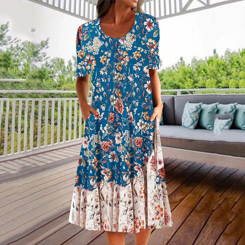 lovwvol Summer Holiday Dress Women Vintage Print Short Sleeve O Neck Pocket Casual Long Dress Boho