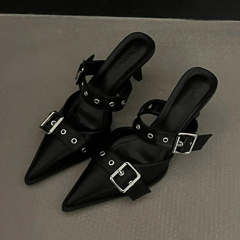 Punk Goth Metal Buckle High Heels Women's Sandals Summer  Pointed Toe Silver Party Shoes Fashion Womens Pumps Shoes Tacones