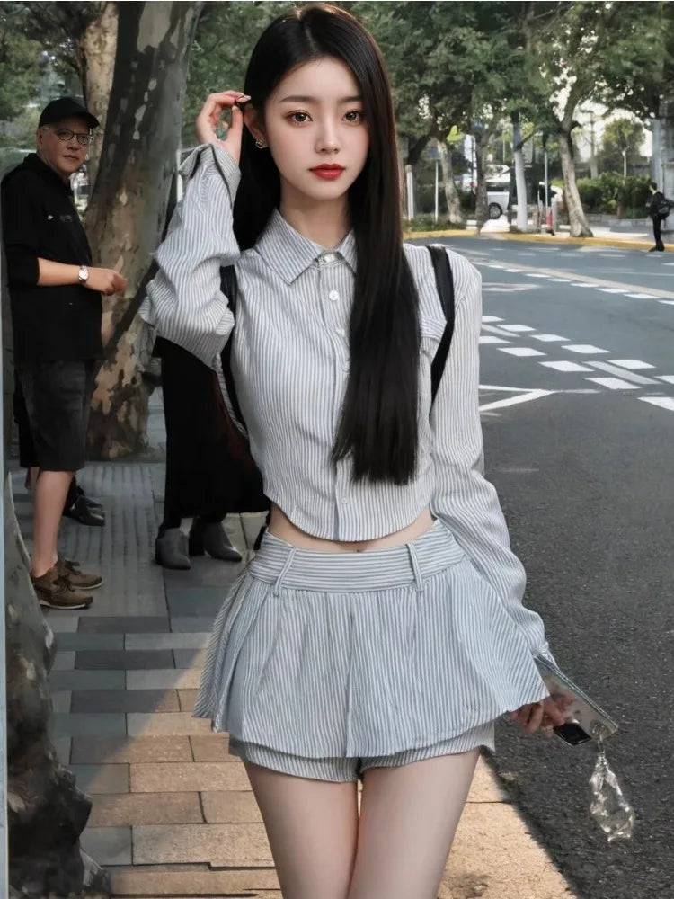 lovwvol Sweet Hot Girls Sexy Preppy Style Suit Women's Spring/Autumn Irregular Long-sleeved Short Shirt Pleated Mini Skirt Two-piece Set