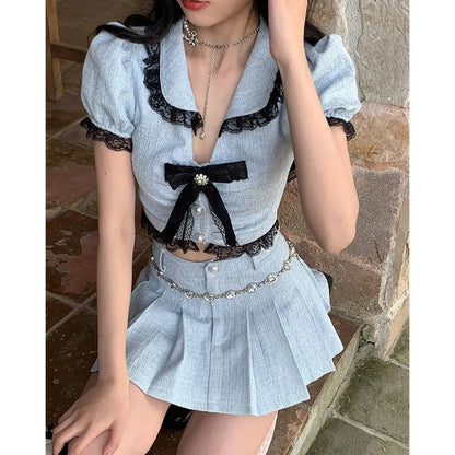 lovwvol Korea Summer Sweet Two Piece Mini Skirts Sets Kawaii Lolita Peter Pan Collar Bow Crop Top + Mini Skirt Suit Blue Outfit Outwear