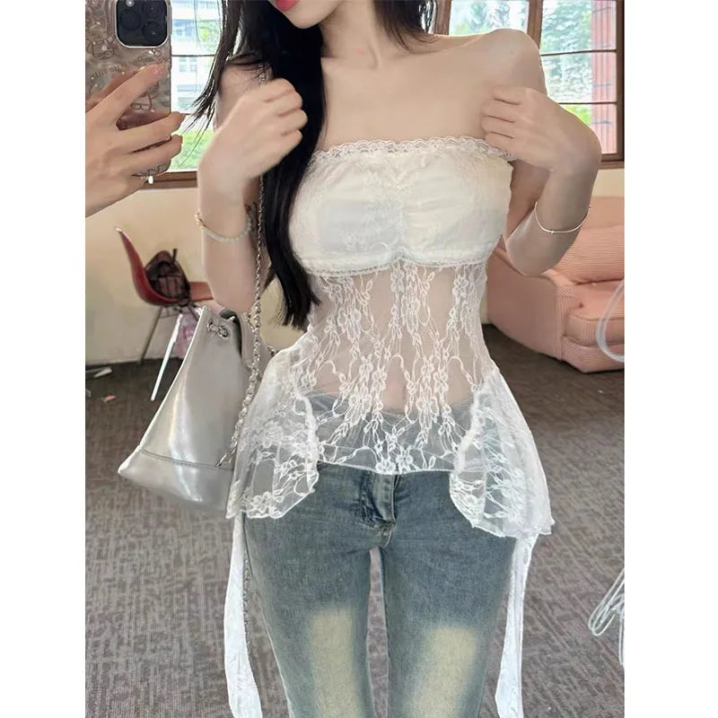 lovwvol Sexy Y2k Fairycore Black Lace Tanks Women Aesthetic Korean Cropped Ruffled Tops White See-through Backless Grunge Camis