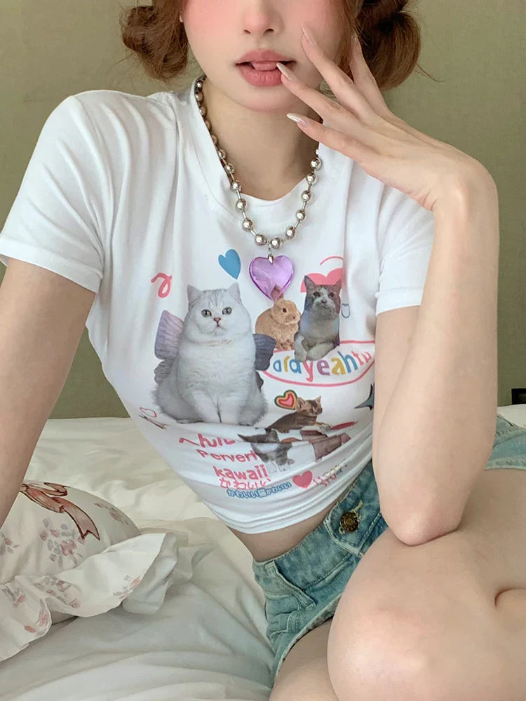 lovwvol Japanese y2k Kawaii Cat Print Short Sleeve Tee Women Grunge Crop Tops Fairycore Graphic T-shirt E-girl 2000s Korean Fashion