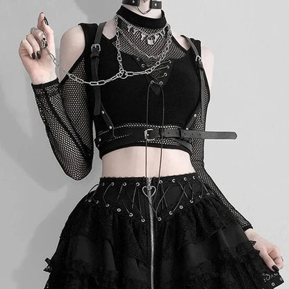 Fishnet Cut Out Women Sexy Halter T-shirts Mall Gothic Grunge Black Bandage Crop Tops Punk Open Shoulder Alt Clothing