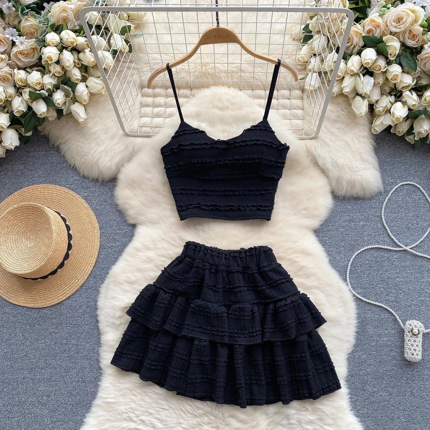 2024 Sweet Ruched Two Pieces Sets V Neck Strap Crop Tops+Short Pleated Skirt Women Korean Style Chic Summer Beachwear Suits