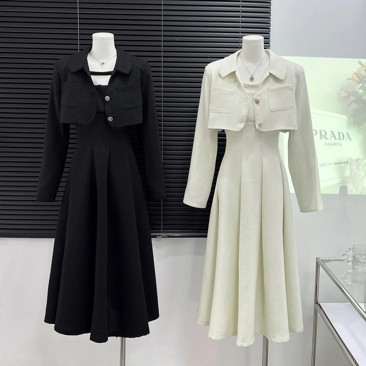 Vintage College Style Cropped Blazer Two Piece Dress Sets Women's Short Jacket Coat +Strapless Sling Slim Mid Dress Suits Female