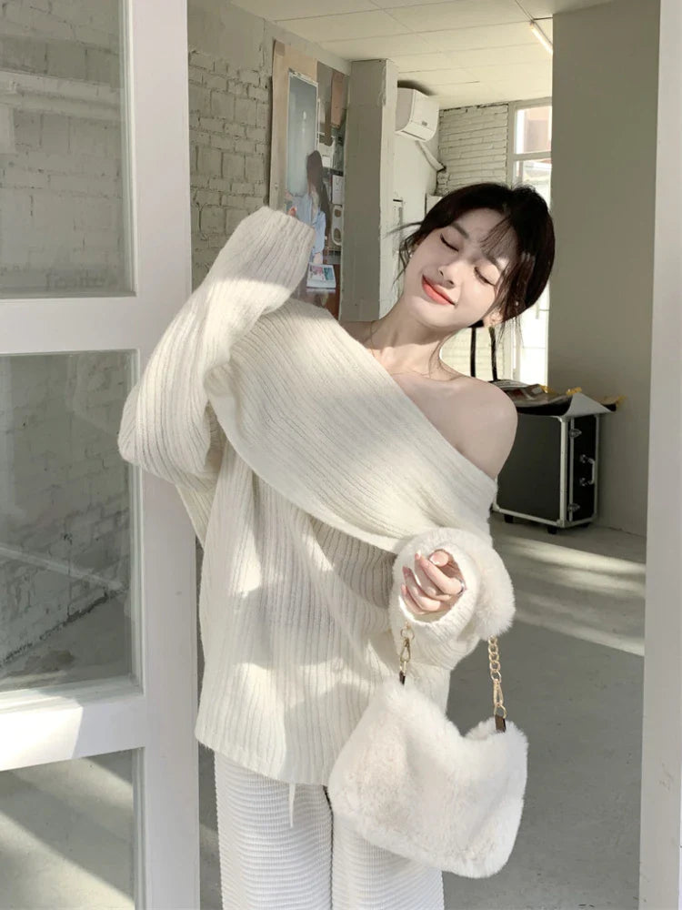 lovwvol  Autumn Design Sexy White Knitted Sweater Women Long Sleeve Pure Color Korean Fashion Y2k Clothing Elegant Pullover Female