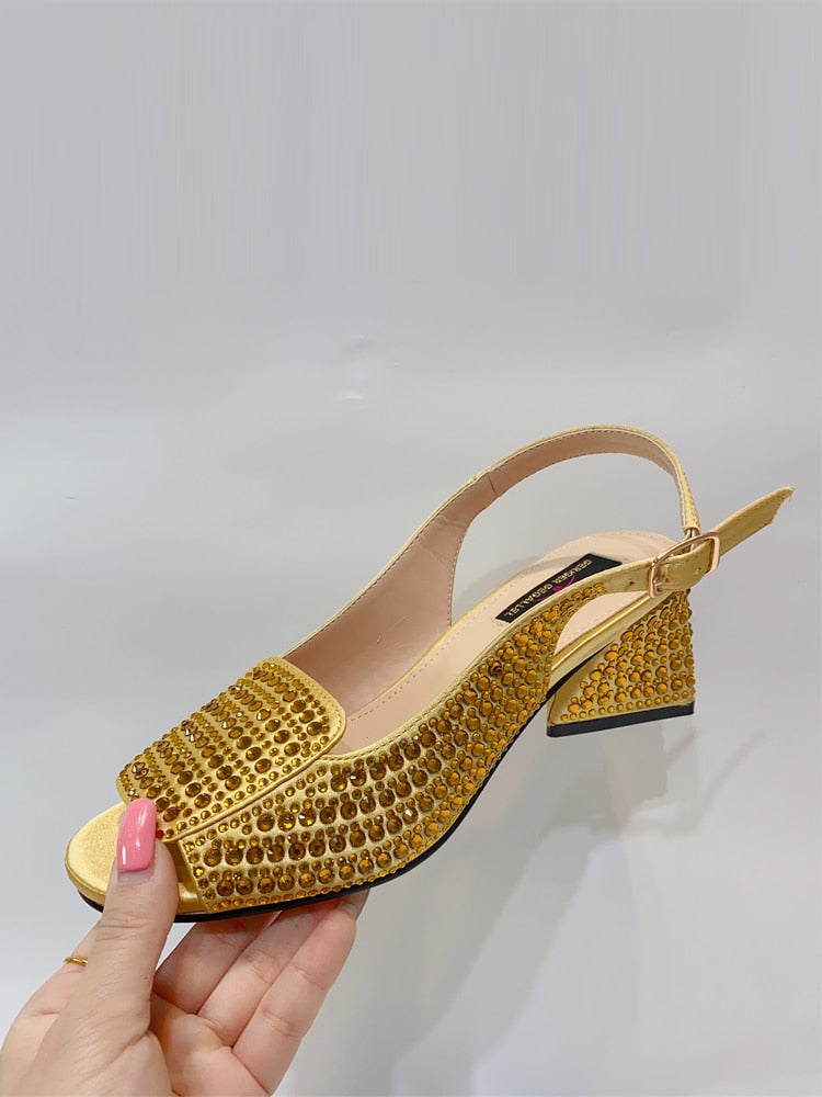 2023 Italian Design Nigerian Lastest Special Narrow Band And Cross-Tied Style Women Shoes  in Gold Color for Party