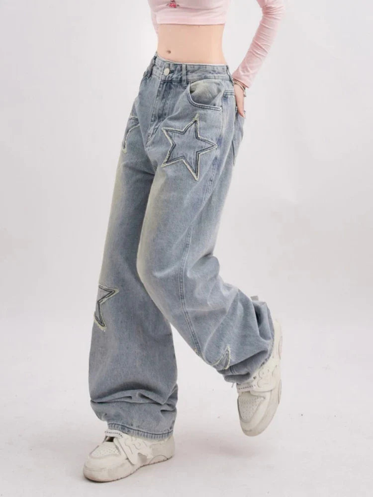 lovwvol Y2K 90s Streetwear Star Jeans Women Vintage Distressed Blue Baggy Denim Pants American Retro Wide Trousers Korean Style