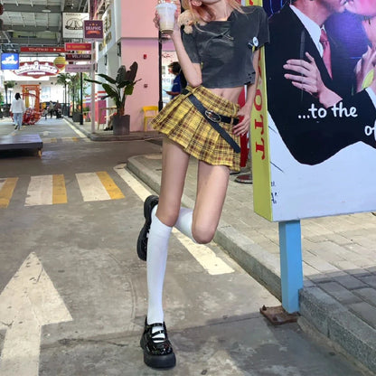 lovwvol Millennium Harajuku Style Y2k Retro American Yellow Plaid Pleated Skirt Women's Design Sense Spice JK Skirt Preppy A-Line Skirt