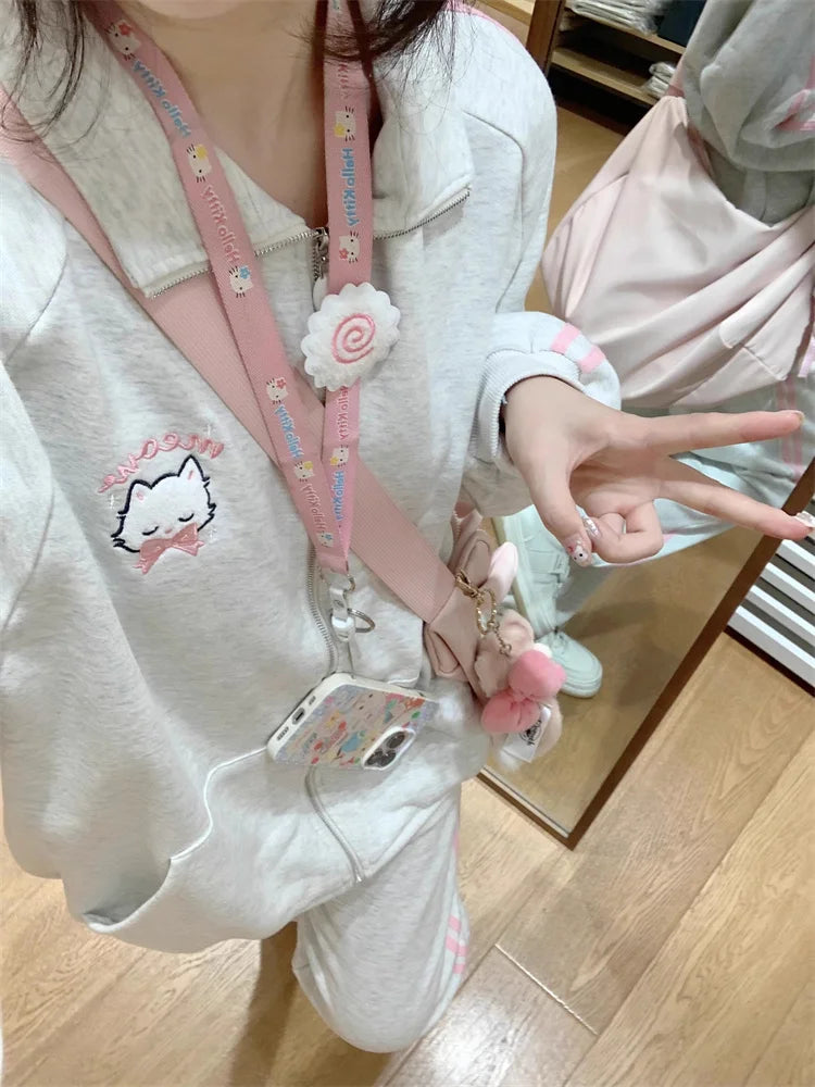 lovwvol Harajuku Kawaii Gray Zip Up Hoodie Women Japanese Y2K Cute Striped Sweatshirt Korean Style Preppy Style Sweet Girly Jacket