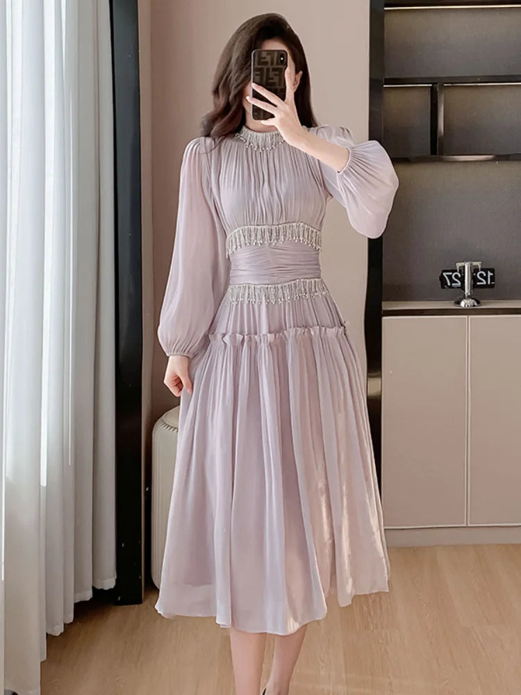 French Women Designer Fashion Organza Stand Collar Party Dress Luxury Spring Diamonds Tassel Ruffles Puff Sleeve Slim Midi Dress