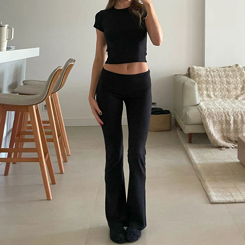 lovwvol  Women Casual Slim Fit 2 Piece Set Short Sleeve Crop Tops + Pants Elegant Matching Suit Vintage Y2K Rib Knitted T-shirt Outfits