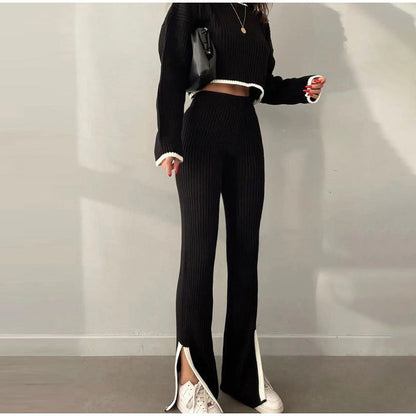 lovwvol lovwvol Two Piece Set Women Casual Panelled Side Split Trouser Suits Female 2023 Spring Crop Sweater High Waist Ladies Suits