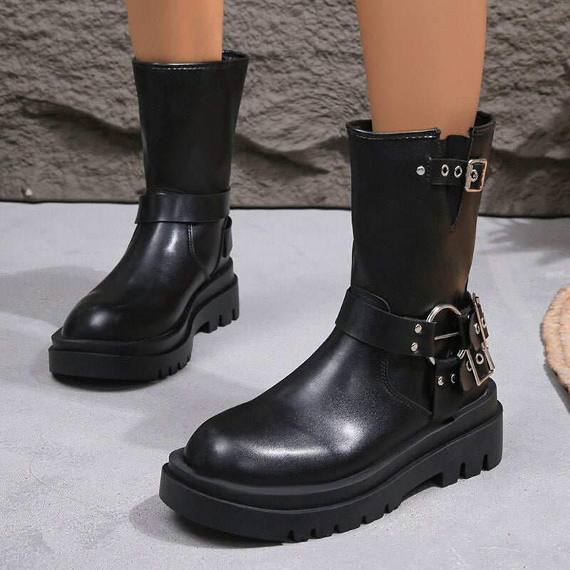 Metal Decor Platform Ankle Boots Women 2023 Autumn Black Thick Bottom Short Botas Woman Plus Size 43 Pu Leather Motorcycle Shoes