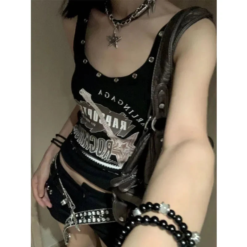 lovwvol Vintage Punk Rock Camisole for Women Gyaru Y2k Streetwear Summer Sexy Black Tank Tops Hip Hop Style Gothic Cropped Tops