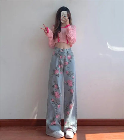 lovwvol Baggy Jeans Korean Fashion High Waist Slim Vintage Print Loose Straight Women's Pants Y2k Elegant Wide Leg Vaqueros