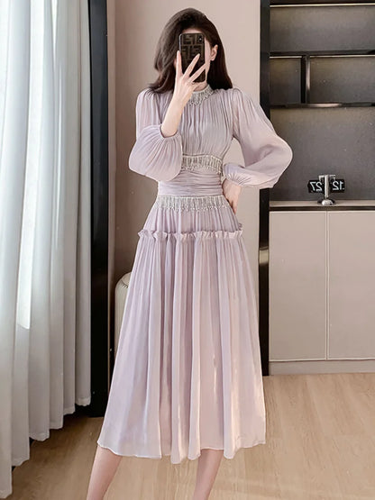 French Women Designer Fashion Organza Stand Collar Party Dress Luxury Spring Diamonds Tassel Ruffles Puff Sleeve Slim Midi Dress