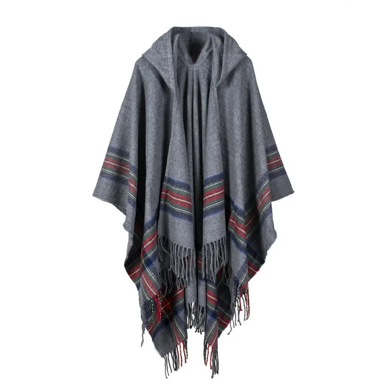 lovwvol Fringed Stripe Jacquard Knit hooded cloak Women Shawl Cape Cardigan Winter Warm Vintage Scarves Ponchos Scarf Outwear