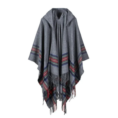 lovwvol Fringed Stripe Jacquard Knit hooded cloak Women Shawl Cape Cardigan Winter Warm Vintage Scarves Ponchos Scarf Outwear