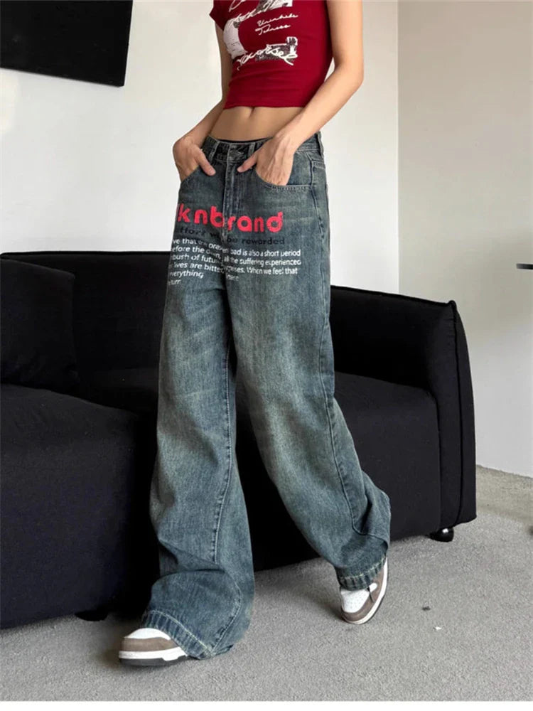 lovwvol Women's Letter Printed Unisex Jeans Summer Denim Trousers Vintage Style Young Girl Street Bottoms Female High Waisted Pants