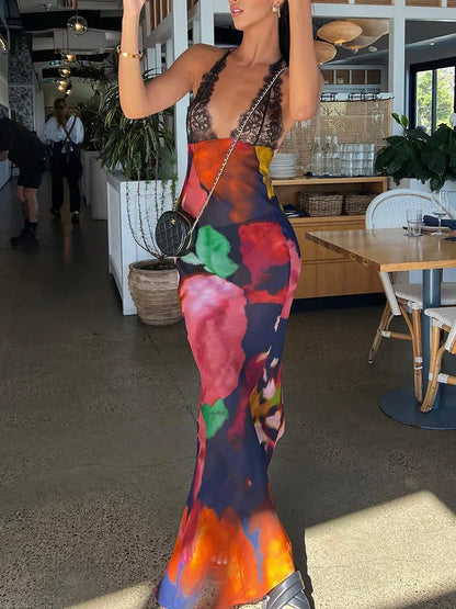 Elegant Tie Dye Floral Chiffon Dress Summer Sexy Women Backless Lace Bodycon See Through  Beach Party Vestidos