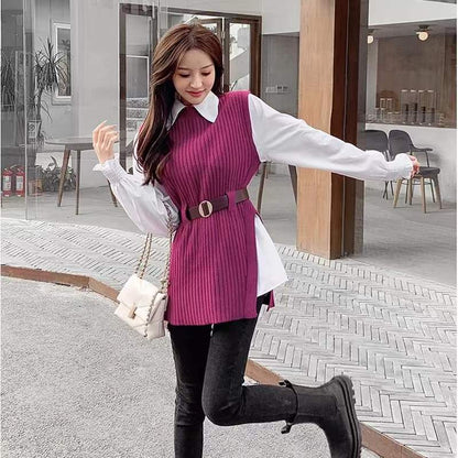 lovwvol lovwvol 2023 Autumn Two 2 Piece Knitted Vest Set Women Long Sleeve Shirt Solid Vintage Sleeveless College Style Waistband Sweater Tops