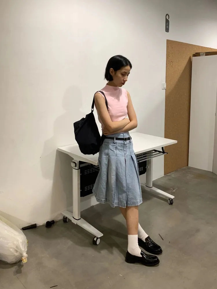 lovwvol  -  Summer Pleated Skirt Women Girls Blue Jeans Midi Knee-length Denim Skirt A-line Long Skirt Y2k Korean Vintage Skirt