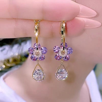 Exquisite Opal Flower Earrings For Women Rhinestone Long Tassel Zircon Earring Girls Wedding Party Temperament Jewelry New