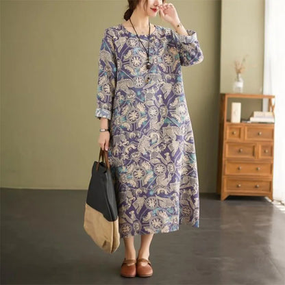 lovwvol Spring New Mid Length Dresses Vintage Geometric Printed Fashion O-Neck Patchwork Pockets Long Sleeve Loose Dress for Women