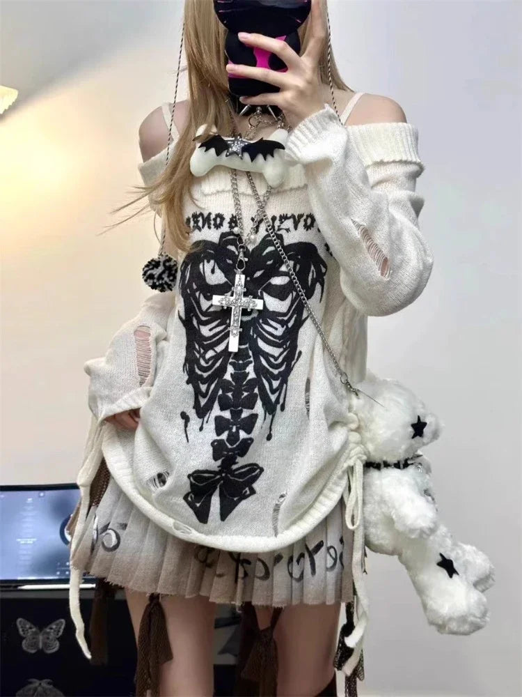 lovwvol  -  Japanese Off Shoulder Harajuku Sweater Y2k Women Gothic Punk Knitted Vintage Skull Jumpers Grunge Hollow Out Pullovers Kintwear