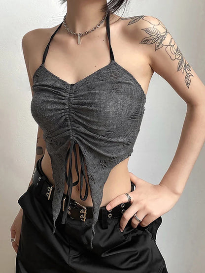 Vintage Mall Gothic Drawstring Women T-shirts 2 Piece Set Y2k Retro Fairy Grunge Camisole Long Sleeve Buckle Crop Tops