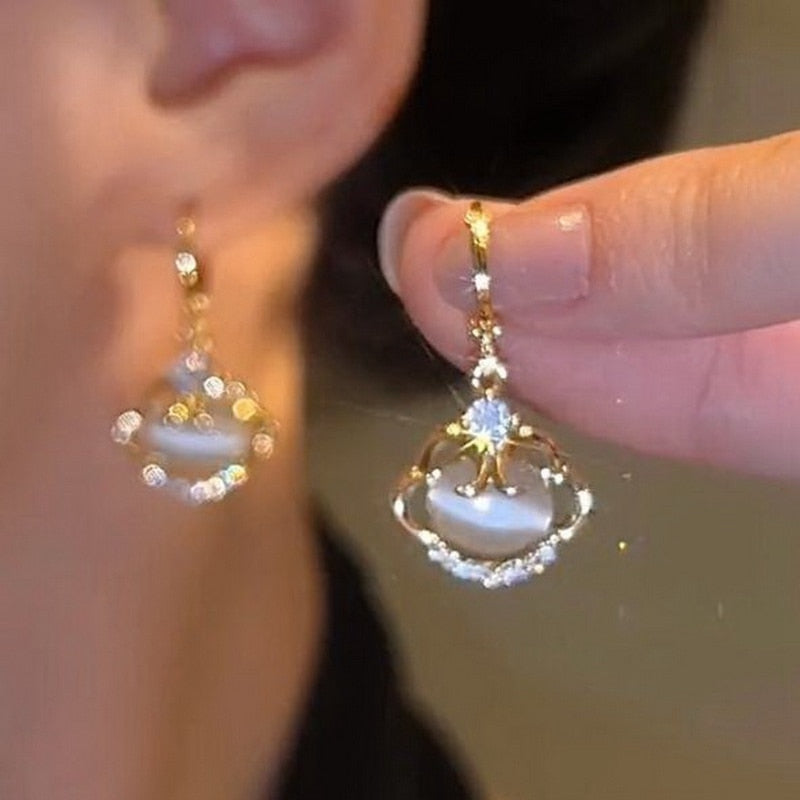 New Luxury Zircon Water Drop Earrings for Women Korean Fashion Rhinestone Opal Flower Geometrical Earring Girl Unusual Jewelry