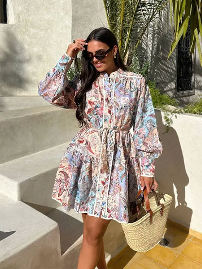 lovwvol  2024 Spring Flower Print Mini Dress For Women Vintage O-neck Single Breasted Long Sleeved Dresses Fashion Lady Street Vestidos